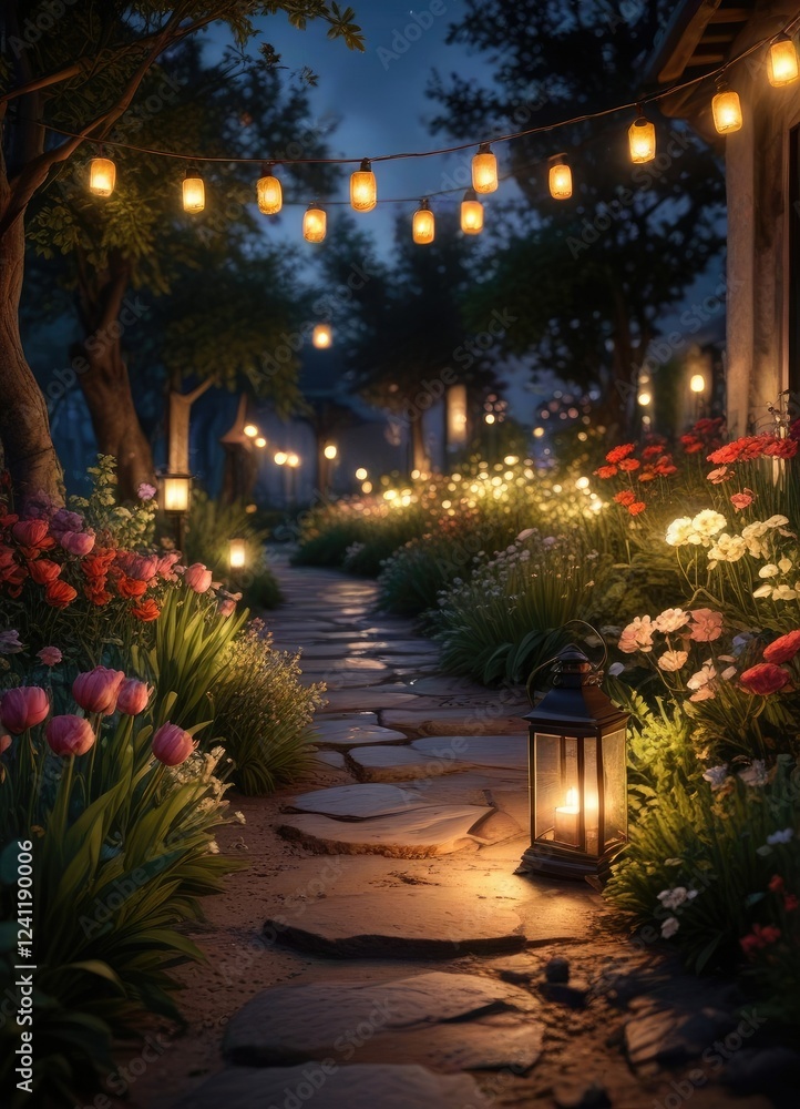 Obraz premium Moonlit garden with soft candlelight and lanterns, lanterns, gentle light, ambiance