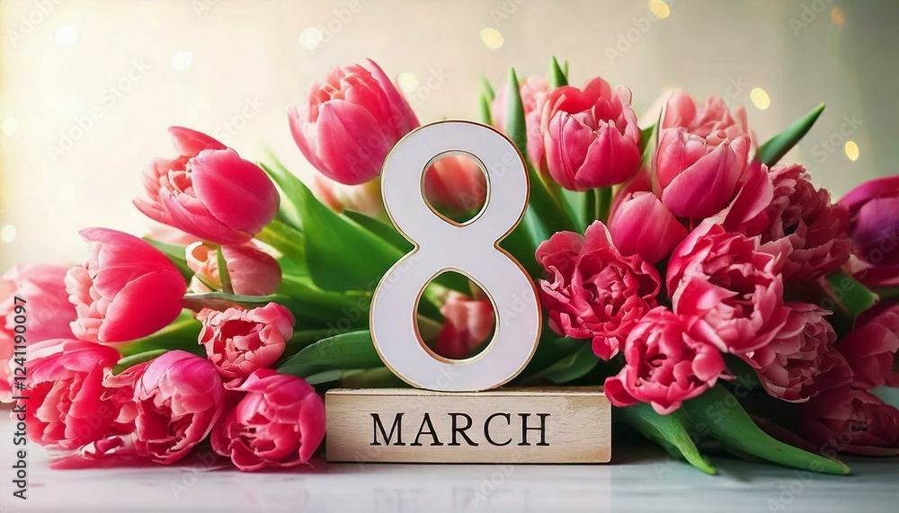 Fototapeta premium Różowe tło z tulipanami i datą na dzień kobiet