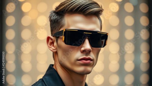 Stylish man in sunglasses. Portrait of a fashionable man wearing trendy sunglasses against a blurred background with bokeh effect.