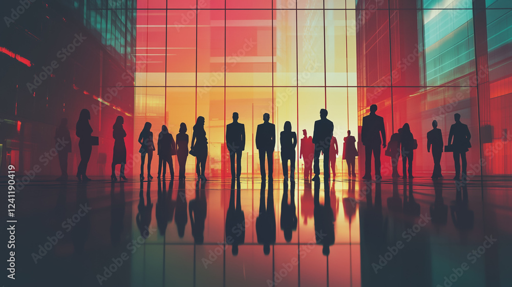 Group of business people silhouettes in modern office building and business network concept. Human resources with pastel innovation charts and graphs with statistics to analyze business Group of business people silhouettes in modern office building and business network concept. Human resources with pastel innovation charts and graphs with statistics to analyze business