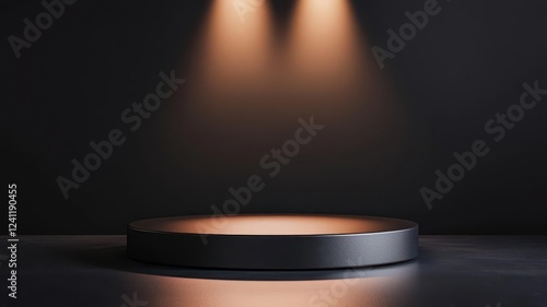 Matte black podium with minimalist design on an elevated sleek stage, soft reflections, and elegant lighting for product presentation
