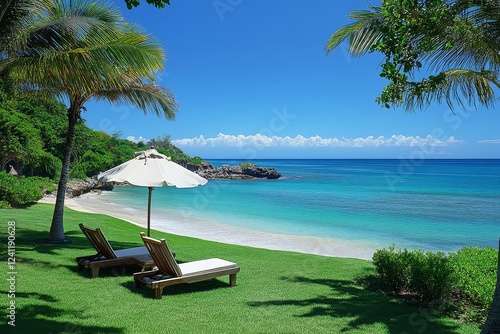 Seurat-Inspired Ocean View with Sun Loungers, Umbrellas, and Palm Trees on a Serene Lawn photo