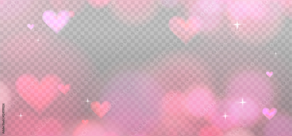 Obraz premium Abstract pink refraction glow and heart bokeh effect. Romantic crystal light leak flare reflection effect. Transparent Valentine s day refraction background. Vector overlay