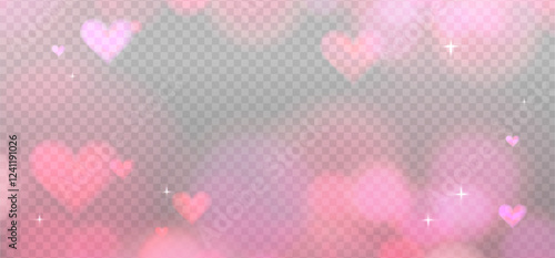 Abstract pink refraction glow and heart bokeh effect. Romantic crystal light leak flare reflection effect. Transparent Valentine s day refraction background. Vector overlay