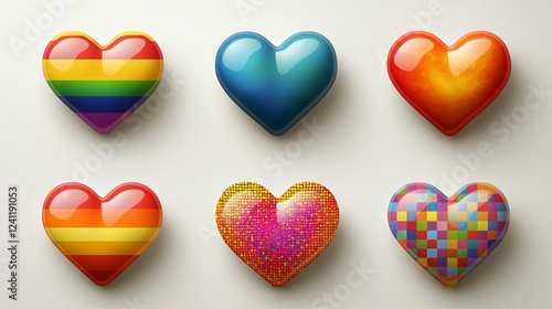 Colorful glossy hearts; love, diversity, LGBTQ; white background; design element photo