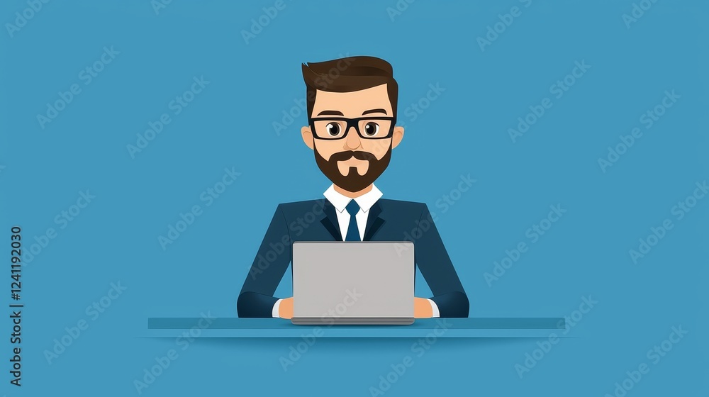 Focused man with glasses and a beard working intently on laptop at modern desk Focused man with glasses and a beard working intently on laptop at modern desk