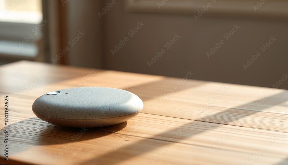 Minimalist pebble-shaped device. A smooth, gray, pebble-like gadget rests on a wooden table bathed in warm sunlight, creating a serene and minimalist ambiance. Minimalist pebble-shaped device. A smooth, gray, pebble-like gadget rests on a wooden table bathed in warm sunlight, creating a serene and minimalist ambiance.