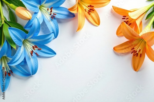 Wallpaper Mural Orange and blue lily blooms are scattered across a white surface to create a playful and carefree atmosphere, blue, nature, bouquet Torontodigital.ca