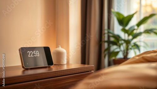 Digital clock on nightstand. Modern digital clock displaying 22:59 on a wooden nightstand in a cozy bedroom, selective focus.