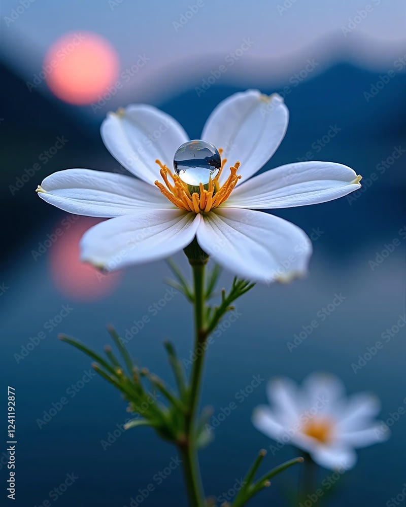 Obraz premium Beautiful White Flower with Water Droplet at Sunset Reflection
