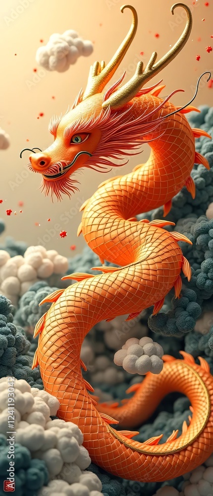Fototapeta premium Majestic Orange Dragon Emerges from Clouds in Dreamy Landscape