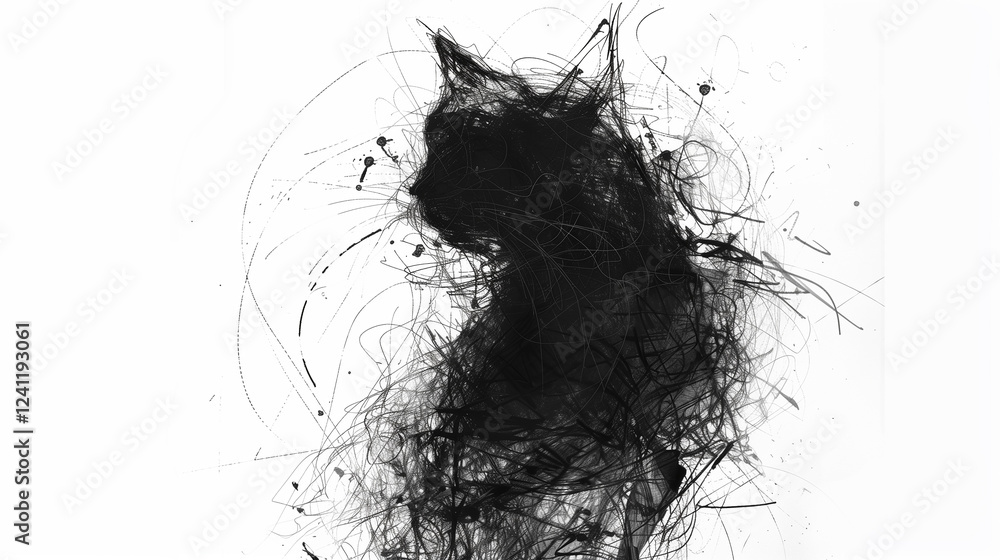 Fototapeta premium A black cat with a creepy look on its face is sitting on a white background. The cat appears to be in a state of distress or fear, as if it is being haunted by something. Scene is eerie and unsettling