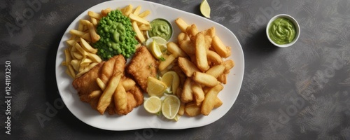 Overhead shot of plate of fish and chips with mushy peas , food, savory, meal