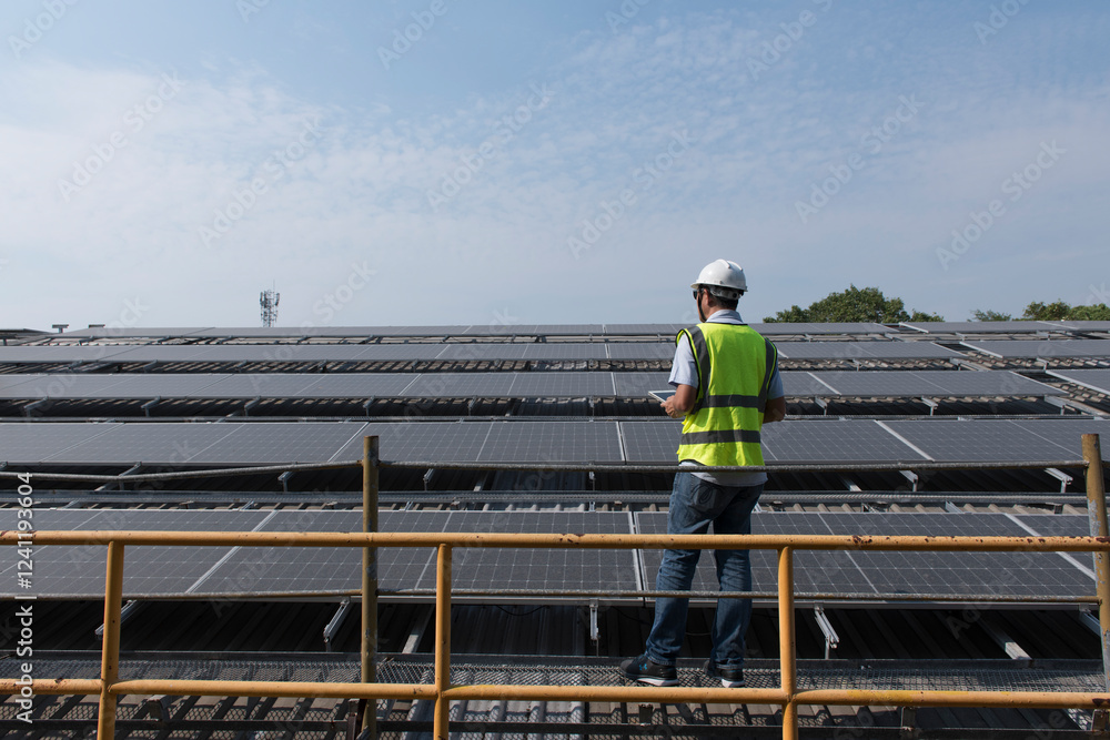 Naklejka premium portrait of a worker on solar cell and sustainable green energy.