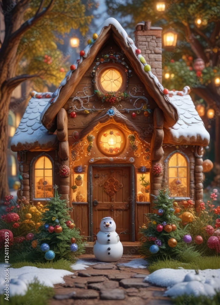 Fototapeta premium Owl gazing at a beautifully decorated gingerbread cottage with gumdrop bushes and snowman doors, icing details, bakery window, candy cane fence