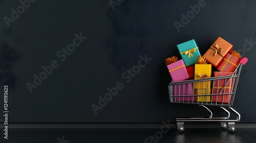 Elegant 3D composition featuring a stylish shopping cart stacked with rainbow hued gift boxes set against a moody high contrast dark backdrop photo