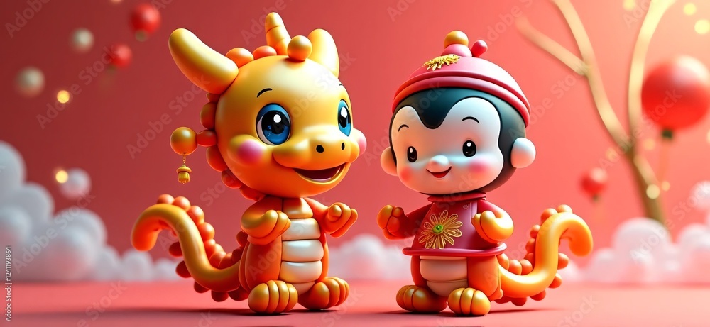 Cute Cartoon Dragon and Monkey Characters with Festive Background Cute Cartoon Dragon and Monkey Characters with Festive Background