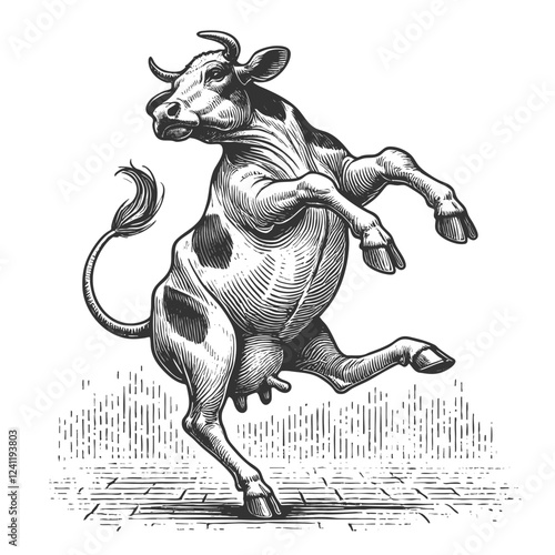 cow playfully dancing on its hind legs, drawn in an engraved, woodcut style with fine details sketch engraving generative ai vector illustration. Scratch board imitation. Black and white image.