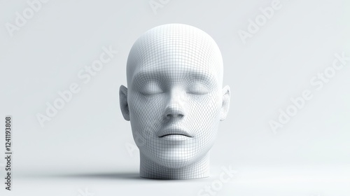 Intricate wire mesh head sculpture, abstract art in white on plain background