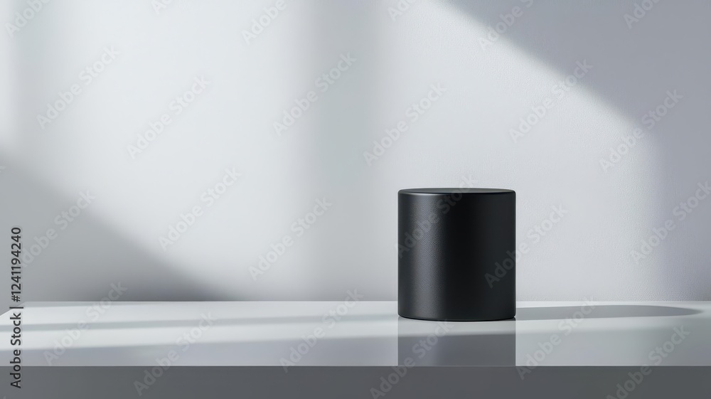 Simple cylindrical podium with a matte finish on a sleek reflective stage, elegant lighting for product display Simple cylindrical podium with a matte finish on a sleek reflective stage, elegant lighting for product display