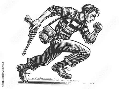 outlaw running with a revolver in hand and a satchel, engraved, woodcut style sketch engraving generative ai fictional character vector illustration. Scratch board imitation. Black and white image.