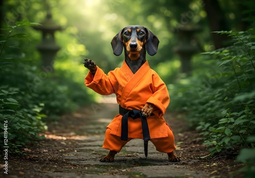 Dachshund Dog in Karate Gi Posing Outdoors