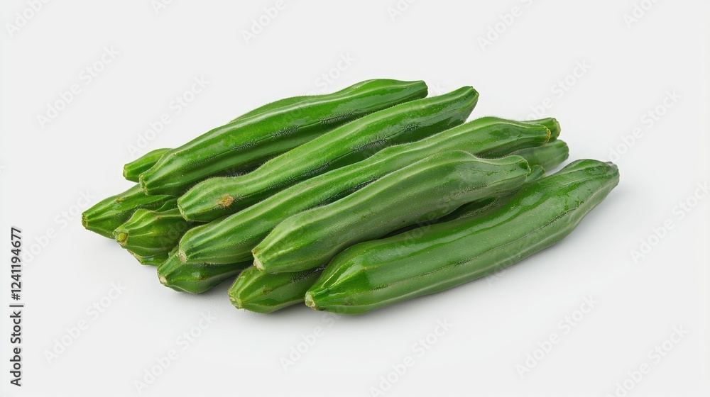 Fresh green moringa pods on white background; healthy food ingredient Fresh green moringa pods on white background; healthy food ingredient