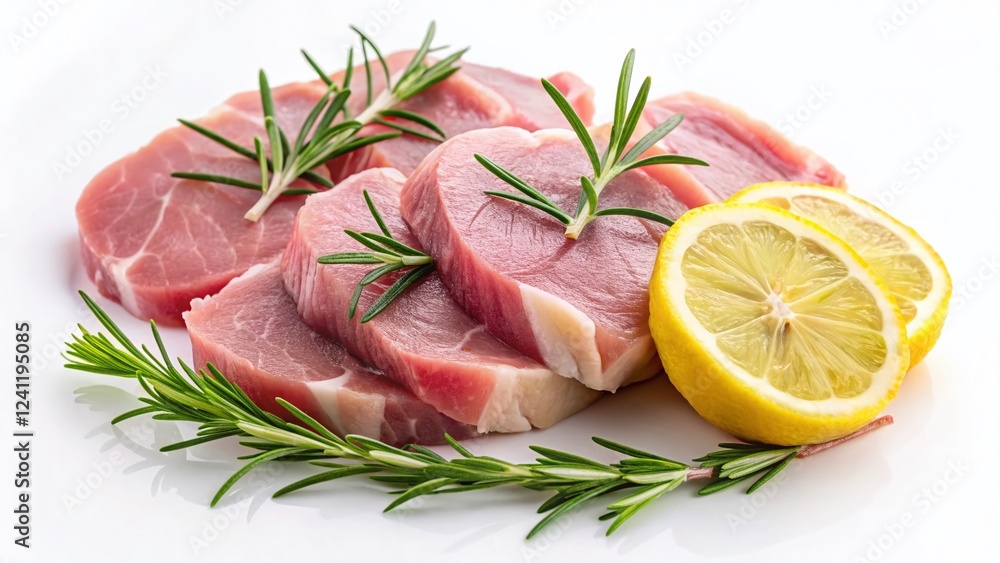 Raw Pork Slices with Rosemary & Lemon - Gourmet Butcher Shop Top View Stock Photo Raw Pork Slices with Rosemary & Lemon - Gourmet Butcher Shop Top View Stock Photo