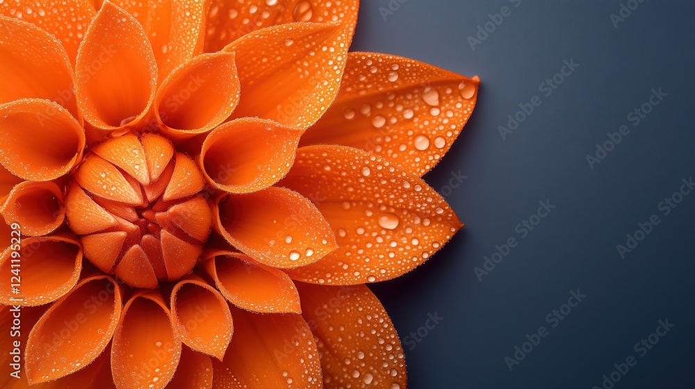 Close-up of vibrant orange flower petals with water droplets on dark background for nature and floral themes Close-up of vibrant orange flower petals with water droplets on dark background for nature and floral themes