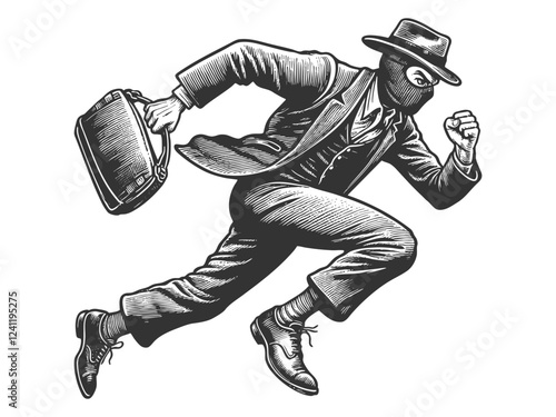 masked thief in a suit and hat running with a briefcase, classic engraving style sketch engraving generative ai fictional character vector illustration. Scratch board imitation. Black and white image.