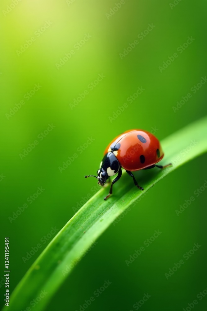 Ladybug resting on a blade of grass in the garden, beauty, microgreens, foliage
