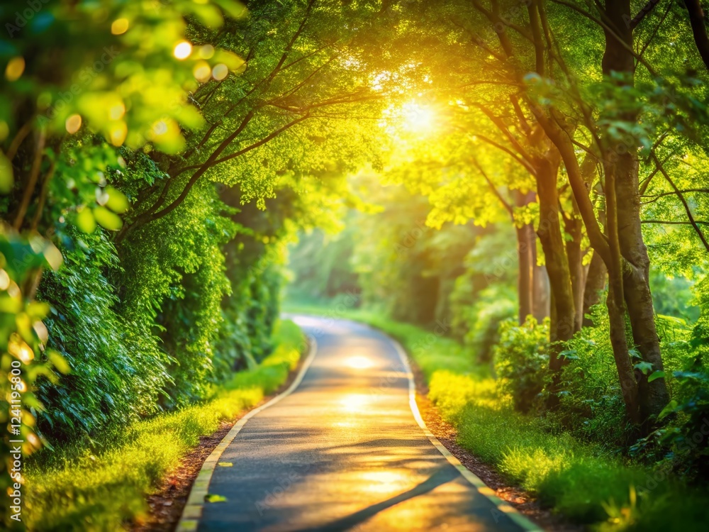 Naklejka premium Serene Bike Ride: Winding Path Through Picturesque Nature, Bokeh Effect