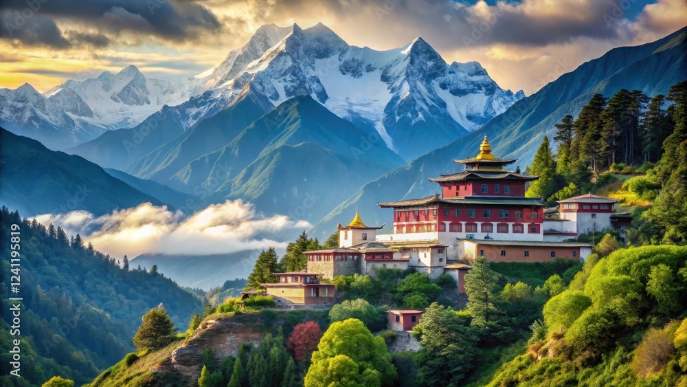 Serene Tibetan monastery amidst Himalayan mountains and lush green forests, with a majestic snow-capped mountain in the background, forests, mountains Serene Tibetan monastery amidst Himalayan mountains and lush green forests, with a majestic snow-capped mountain in the background, forests, mountains