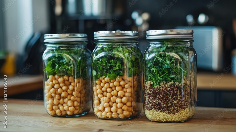 Fresh Health Ingredients in Glass Jars for Meal Prep and Storage Fresh Health Ingredients in Glass Jars for Meal Prep and Storage