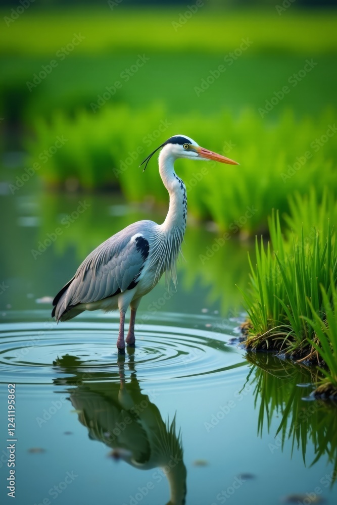 Heron wading in shallow pond near rice fields, birds, pond, waterbirds Heron wading in shallow pond near rice fields, birds, pond, waterbirds