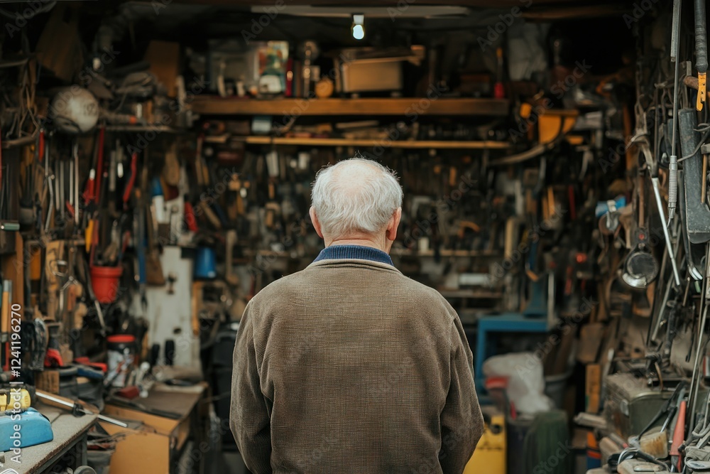 Fototapeta premium Senior Man in Workshop Surrounded by Tools and Equipment