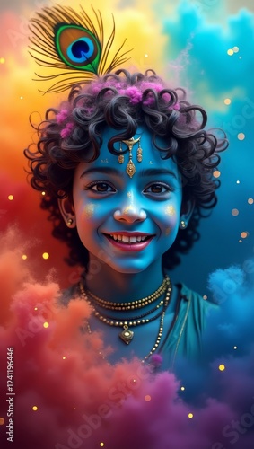A mesmerizing portrait of teenage Krishna, immersed in divine music, playing his flute with a serene smile. His glowing blue skin, peacock feather, and vibrant Holi colors create a celestial aura.