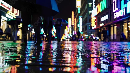 Wallpaper Mural Vibrant city nightlife showcasing colorful neon signs and reflections on wet pavement in a bustling urban area Torontodigital.ca