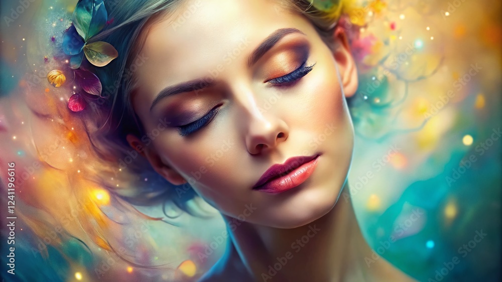 Serene Face, Closed Eyes, Pastel Gradient Background - Stock Photo Serene Face, Closed Eyes, Pastel Gradient Background - Stock Photo