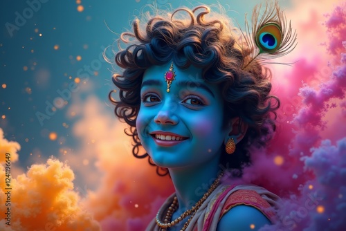 A mesmerizing portrait of teenage Krishna, immersed in divine music, playing his flute with a serene smile. His glowing blue skin, peacock feather, and vibrant Holi colors create a celestial aura.