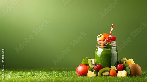 Fresh green smoothie in a jar surrounded by colorful fruits on a grassy surface with a blurred background photo