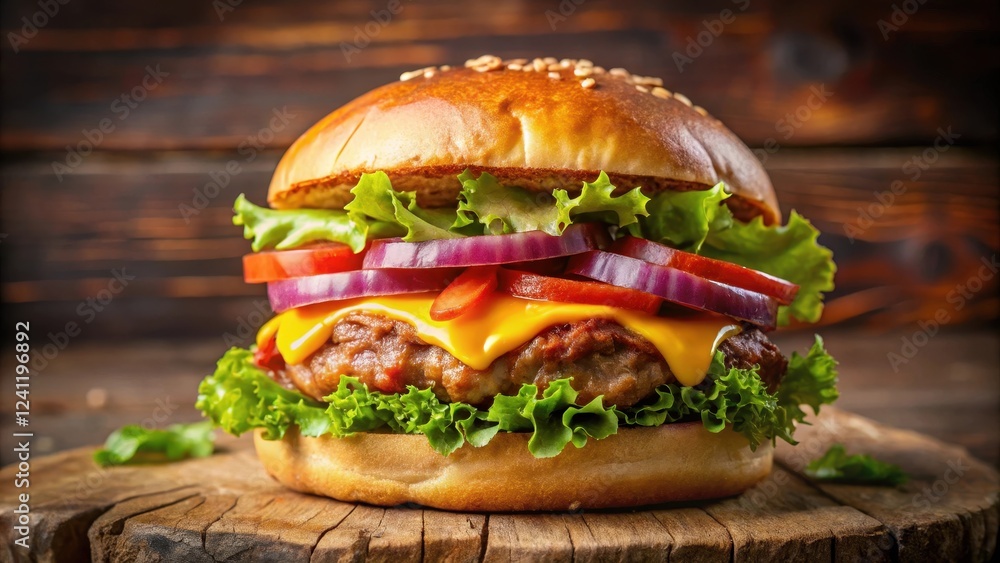 A juicy cheeseburger with melted cheese, crispy bacon and fresh lettuce, tomato and onion on a toasted bun, dinner A juicy cheeseburger with melted cheese, crispy bacon and fresh lettuce, tomato and onion on a toasted bun, dinner