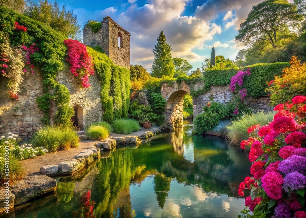 Fototapeta premium Serene Italian Garden Landscape: Blooming Flowers and Ancient Ruins at Ninfa Gardens