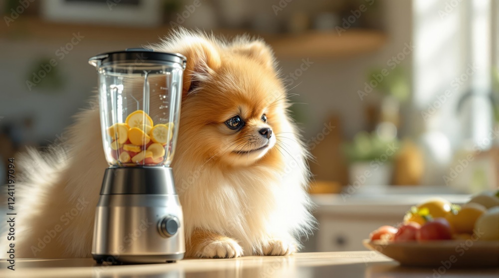 Pomeranian Kitchen Helper. Adorable fluffy Pomeranian dog sitting next to portable blender filled with fresh fruits in modern sunlit kitchen interior.