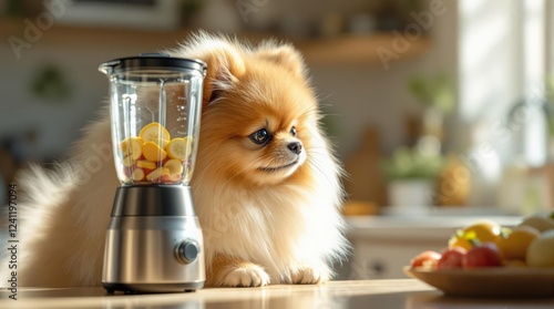 Obraz na płótnie Pomeranian Kitchen Helper. Adorable fluffy Pomeranian dog sitting next to portable blender filled with fresh fruits in modern sunlit kitchen interior. w salonie