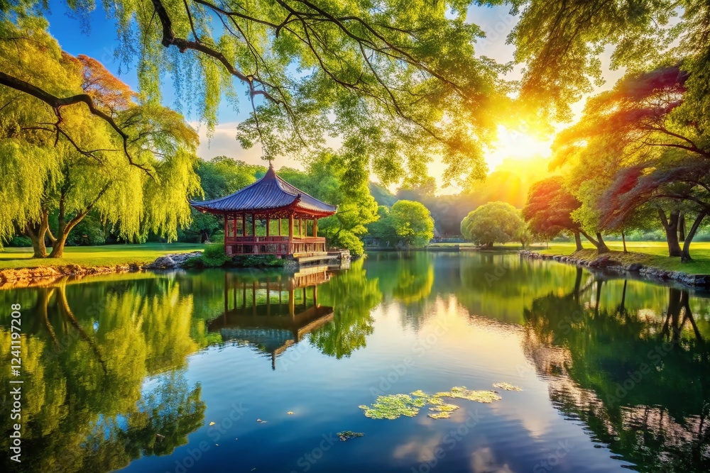 Obraz premium Serene Lakeside Park View: Tranquil Water, Lush Greenery, Sunny Day