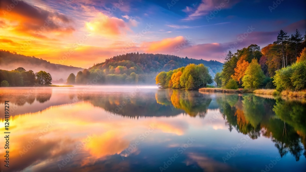 Naklejka premium Serene Long Exposure of Echo Lakes, Zwierzyniec, Poland - Misty Dawn Landscape Photography