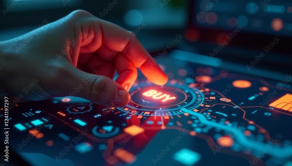 Intricate fingers hover above buy button on digital screen, digital screen, close up, technology Intricate fingers hover above buy button on digital screen, digital screen, close up, technology