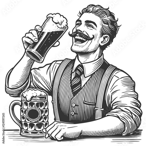 smiling man with a mustache raising a frothy beer glass, drawn in a classic engraving style sketch engraving generative ai vector illustration. Scratch board imitation. Black and white image
