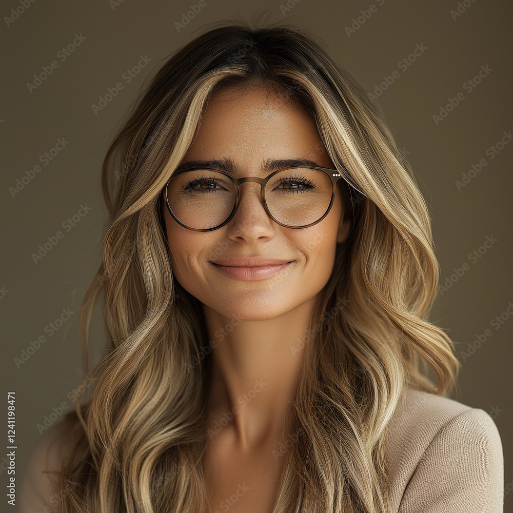 Fototapeta premium Happy smile businesswoman wearing glasses Blonde hair successful hispanic young business woman smiling confident at camera. Latin middle age female ceo leader on beige background businesswoman